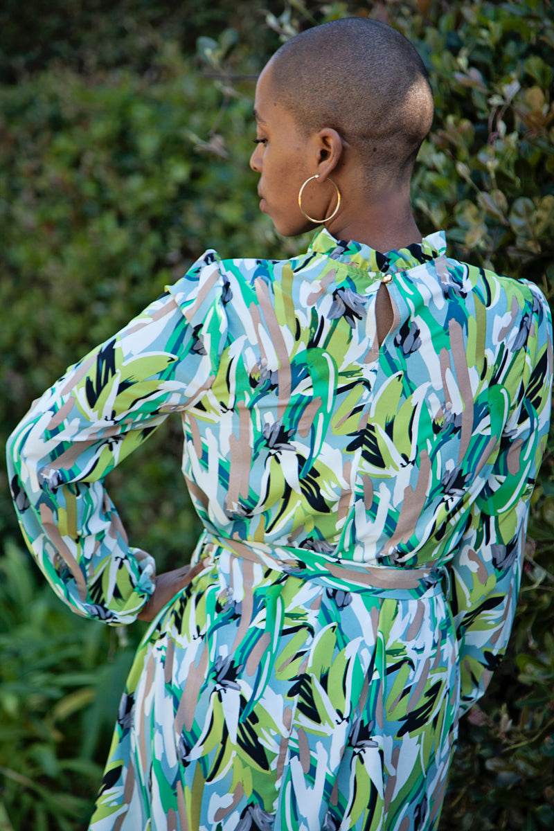 Abstract Leaf Print Long Sleeve Shift Dress