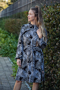 Black, White & Beige Leaf Print Long Sleeve Shift Dress