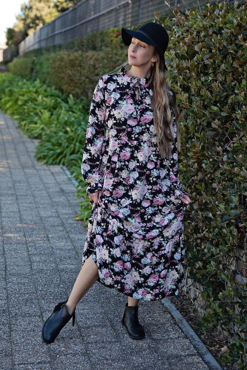 Black & Pink Floral Print Tiered Dress