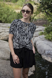 Black & white zebra print knot detail short sleeve T-shirt