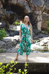 Greens & Cream Leaf Wrap Bodice Jumpsuit