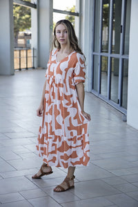 Orange & White Geo Print Midi Tier Dress