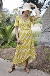 Chartreuse Geometric Print Maxi Wrap Dress